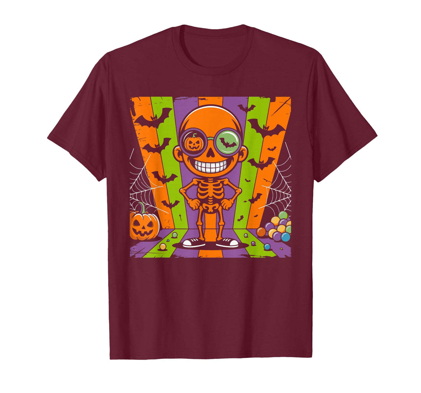 Funny Retro Skeleton with Candy Pumpkin Glasses Halloween T-Shirt