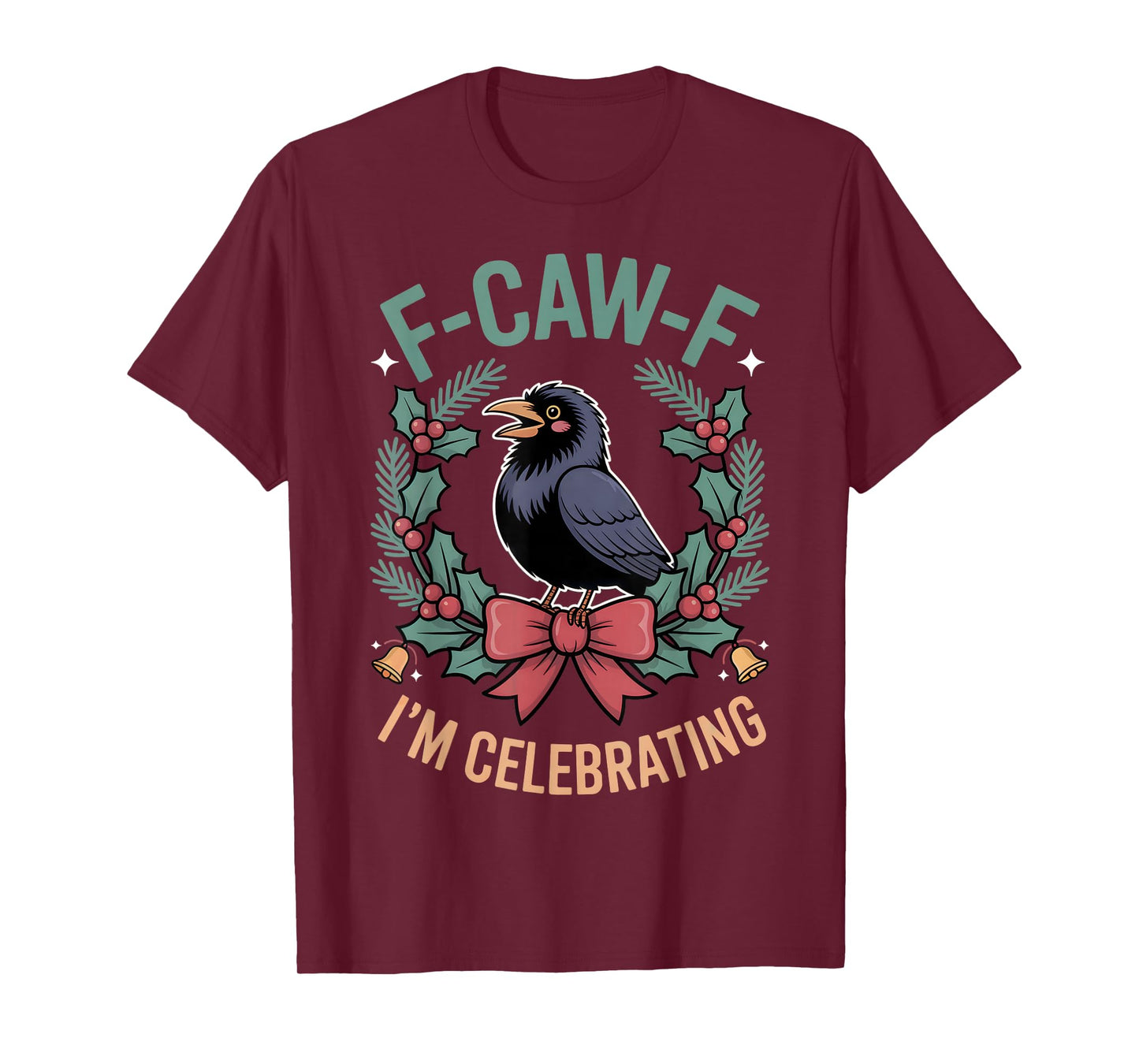 Black Crow F-Caw-F Funny Retro Christmas Lights Santa hat T-Shirt