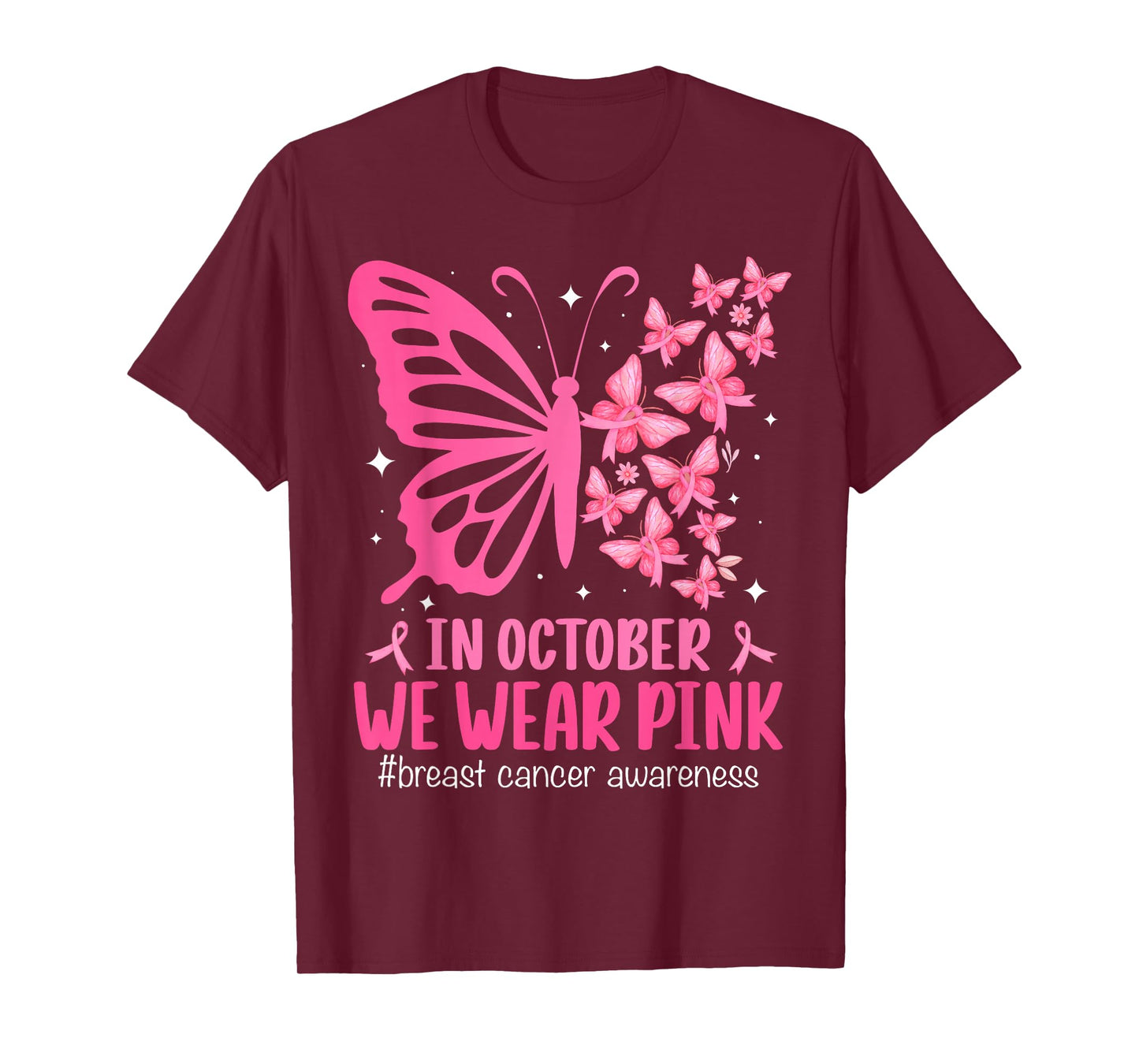 in October We Wear Pink Breast Cancer Awareness Butterfly T-Shirt