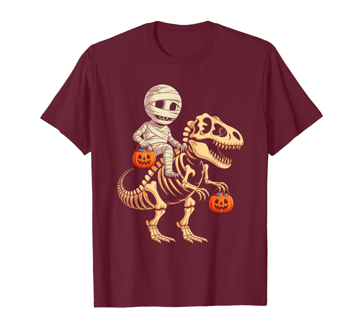 Mummy Skeleton Riding Dinosaur Halloween Costume Boys Kids T-Shirt