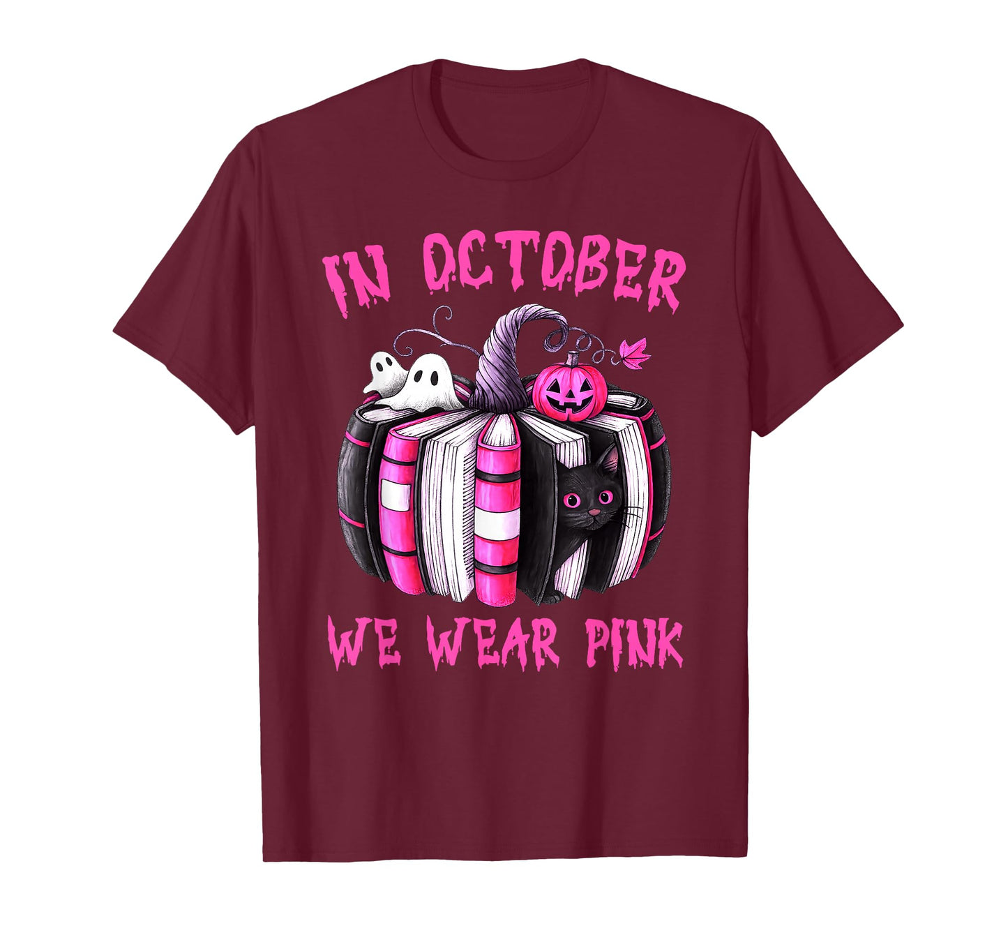in October We Wear Pink Pumpkin Book Breast Cancer Awareness T-Shirt