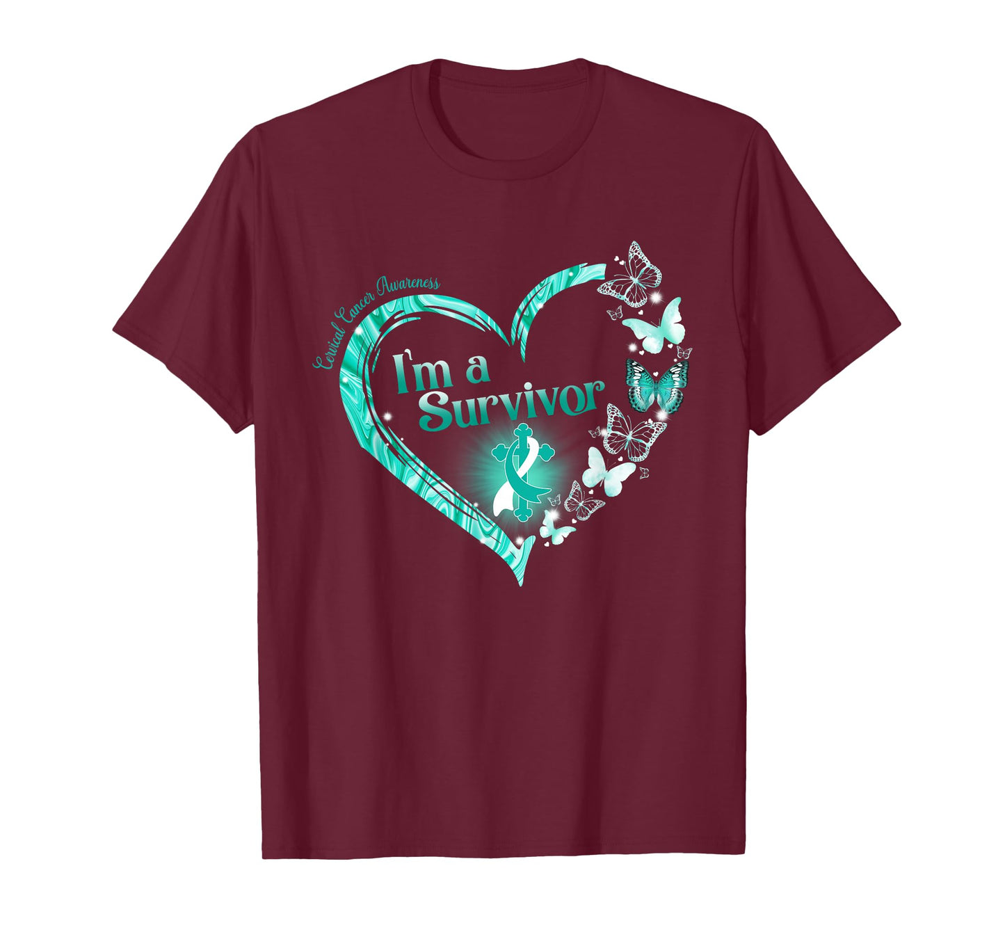 Teal Ribbon Butterfly Cervical Cancer I'm A Survivor T-Shirt