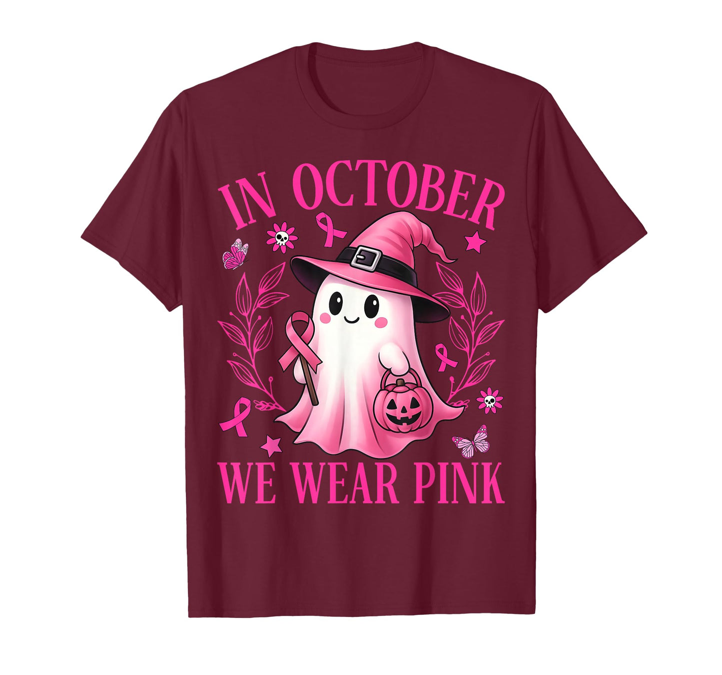 In October We Wear Pink Ghost Witch Breast Cancer Awareness T-Shirt