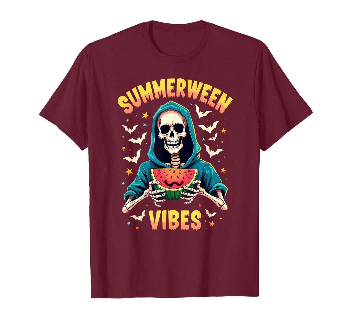 Ghost Skeleton Eating Watermelon Summerween Vibes T-Shirt
