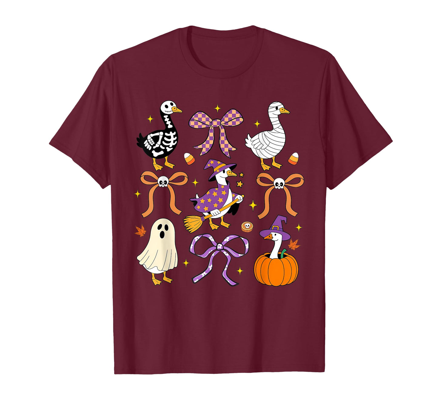 Spooky Goose Coquette Bow Pumpkin Skeleton Goose Halloween T-Shirt