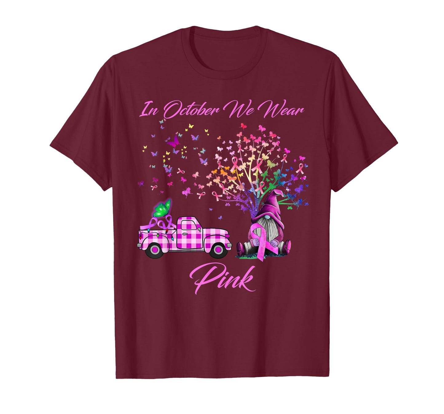 In October We Wear Pink Gnome Tree Breast Cancer Awareness T-Shirt