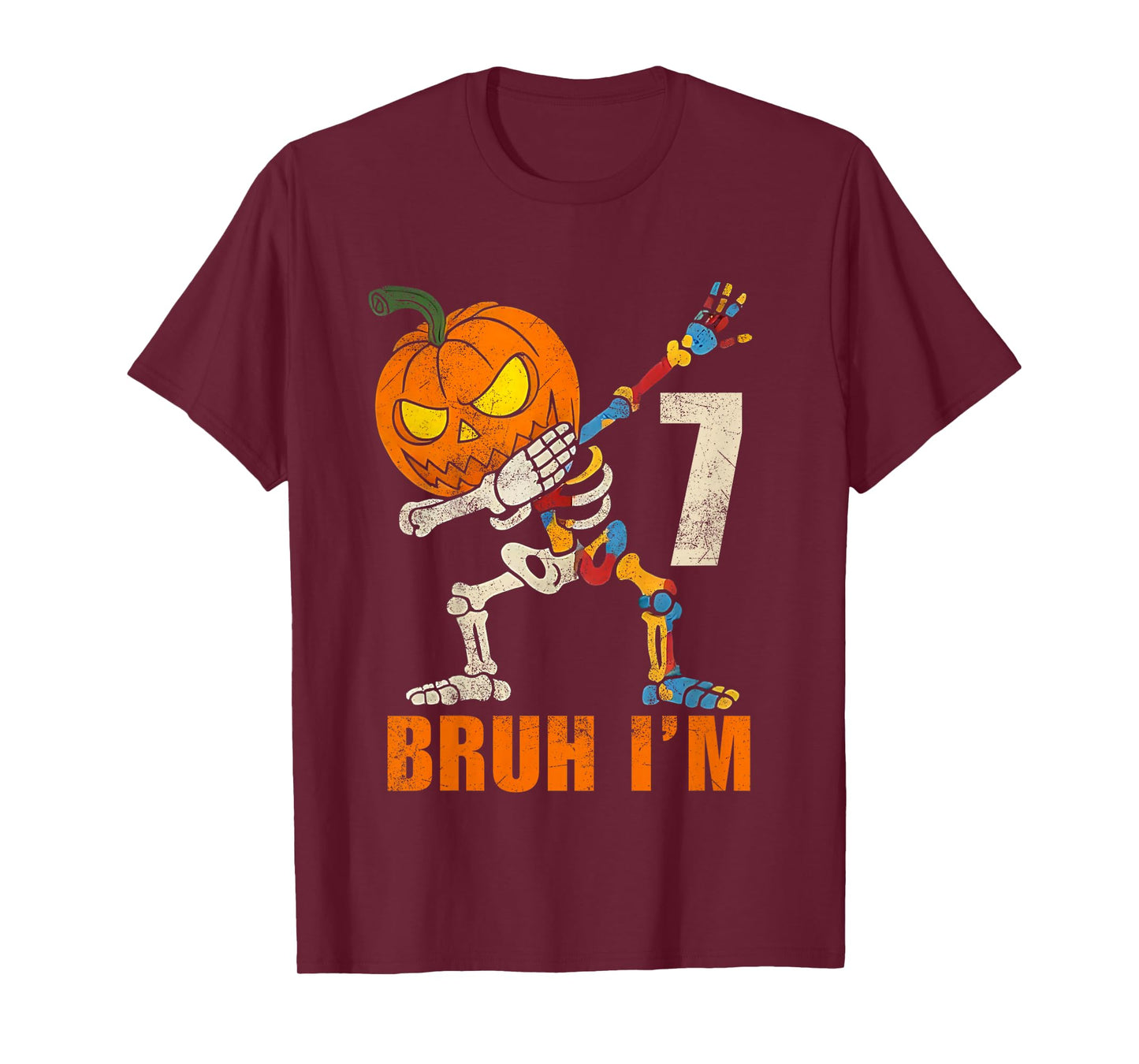 Kids Bruh I’m 7 Skeleton Autism Awareness Dabbing Halloween Boys T-Shirt