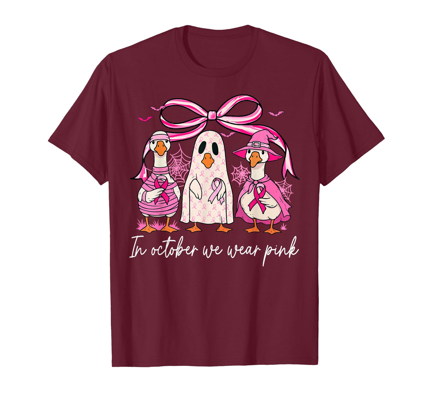 in October We Wear Pink Breast Cancer Ghost Goose Halloween T-Shirt