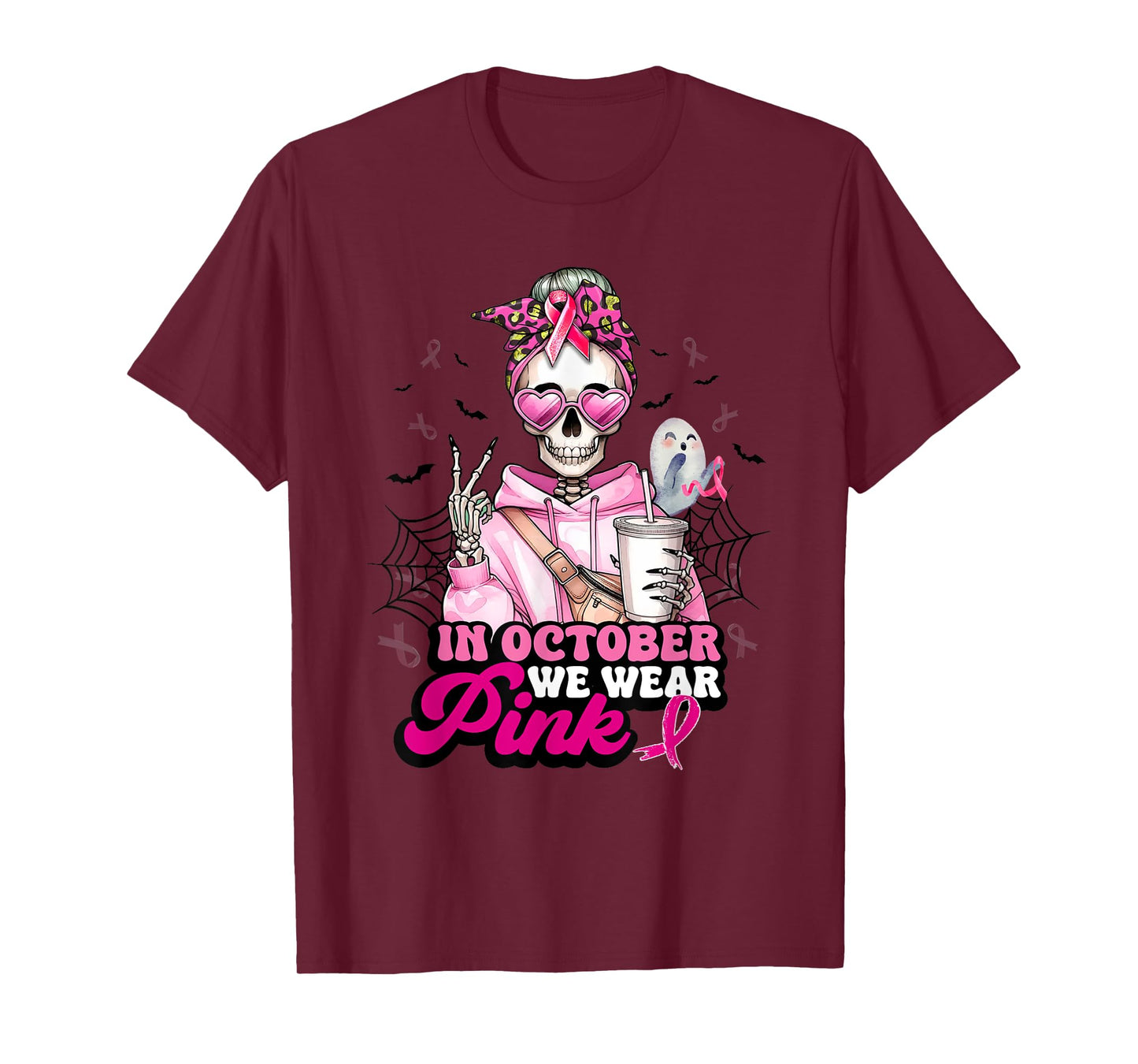 in October We Wear Pink Breast Cancer Skeleton Coffee Lover T-Shirt