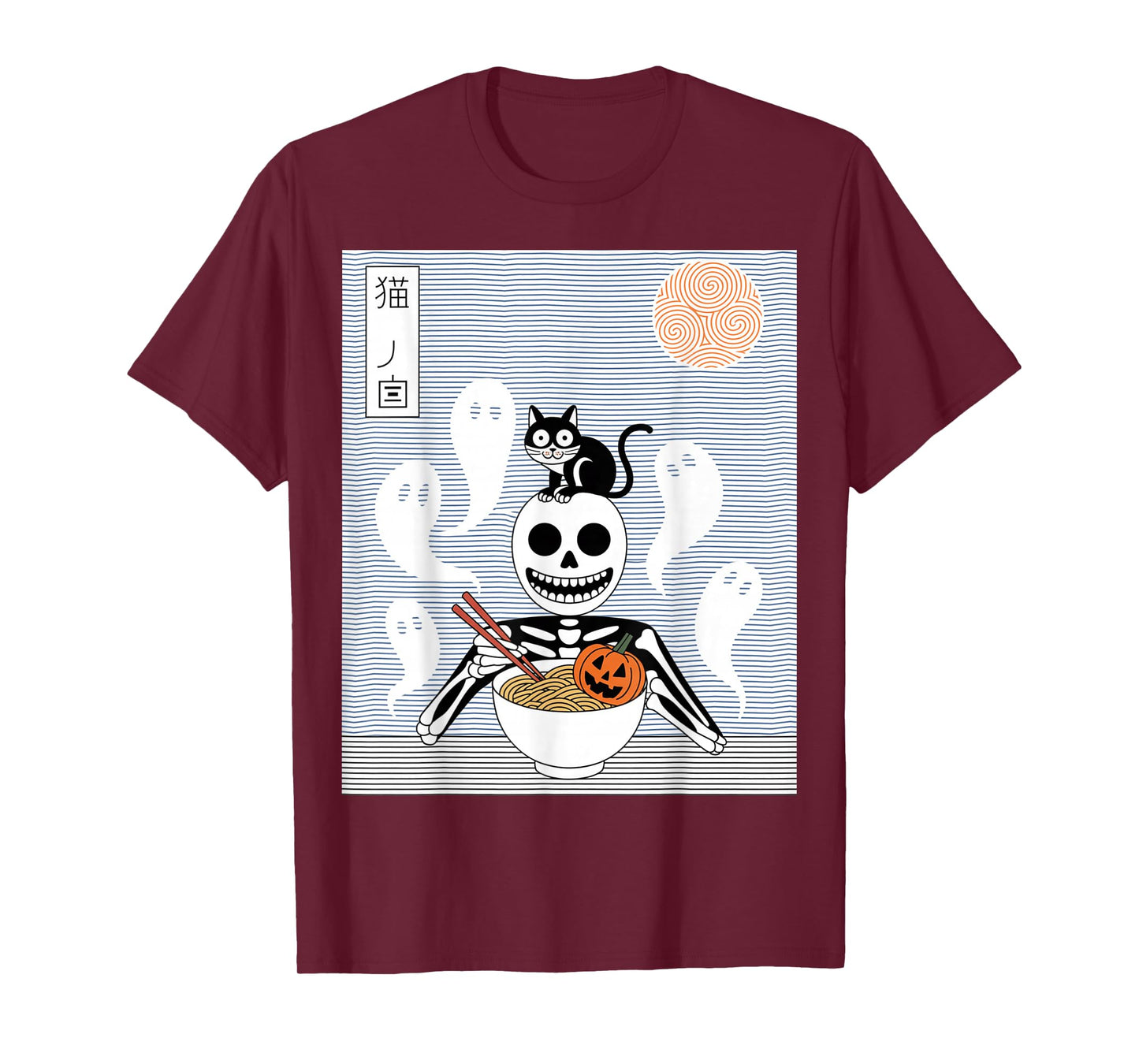 Ramen Cat Skeleton Halloween Japanese Noodles Funny Cute T-Shirt