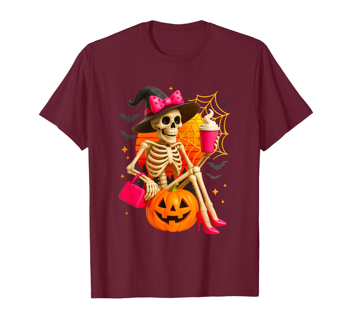 Halloween Skeleton with Pumpkin Hat and Coffee in High Heels T-Shirt