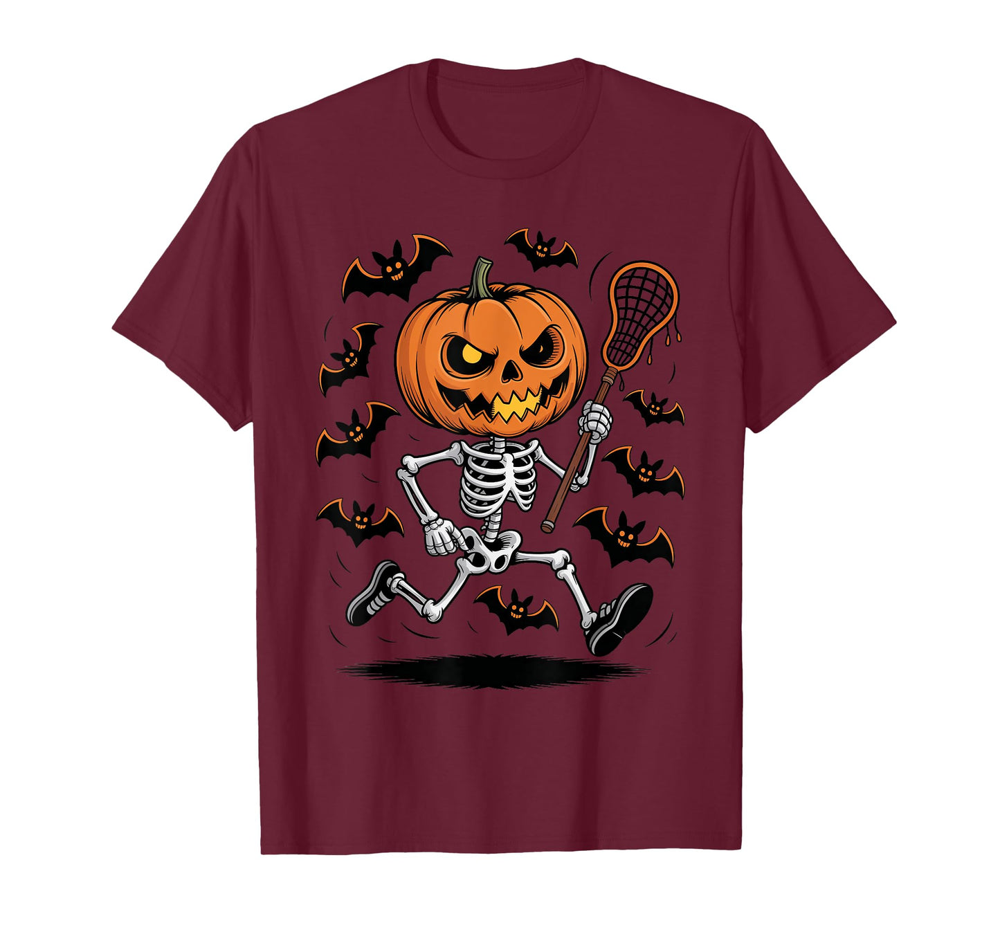 Pumpkin Skeleton Playing Lacrosse Halloween Trick or Treat T-Shirt