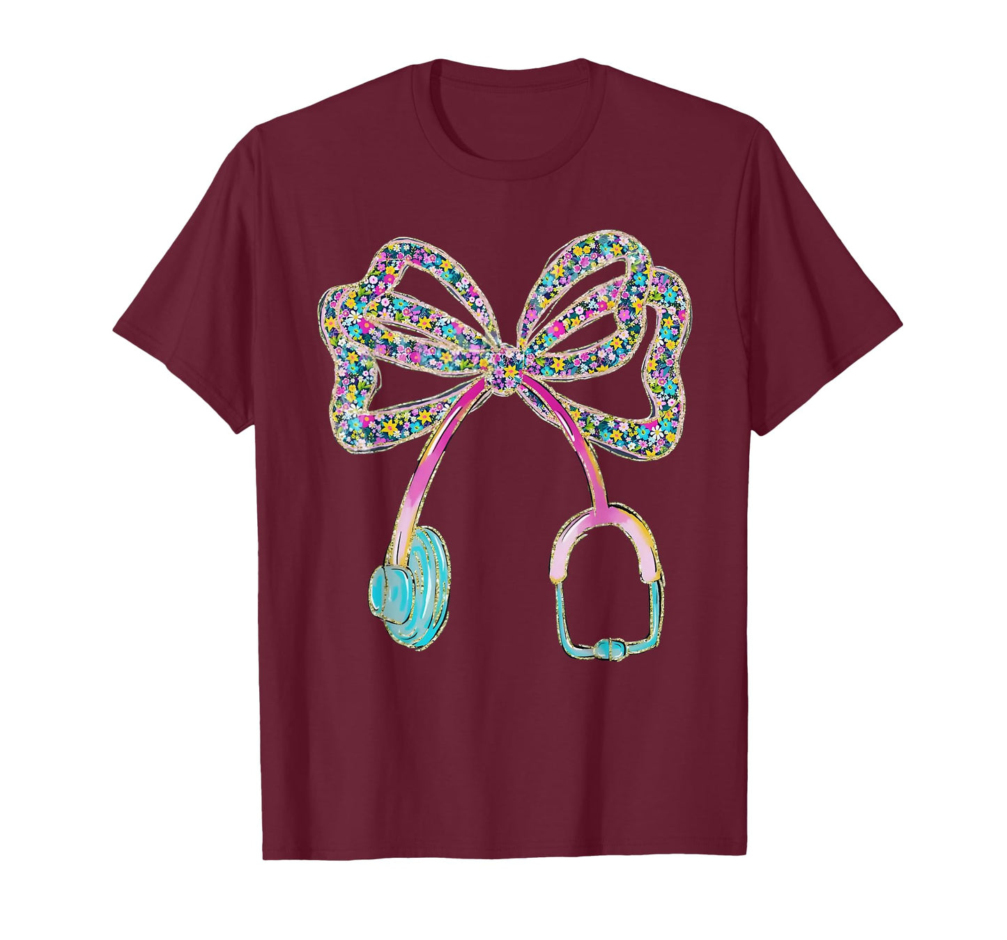 Floral Blue Coquette Bow Nurse Stethoscope Nursing Doctor T-Shirt