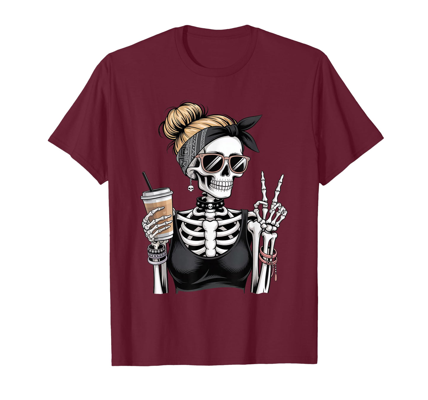 Skeleton Girl Drinking Coffee Peace Sign Graphic for Women T-Shirt