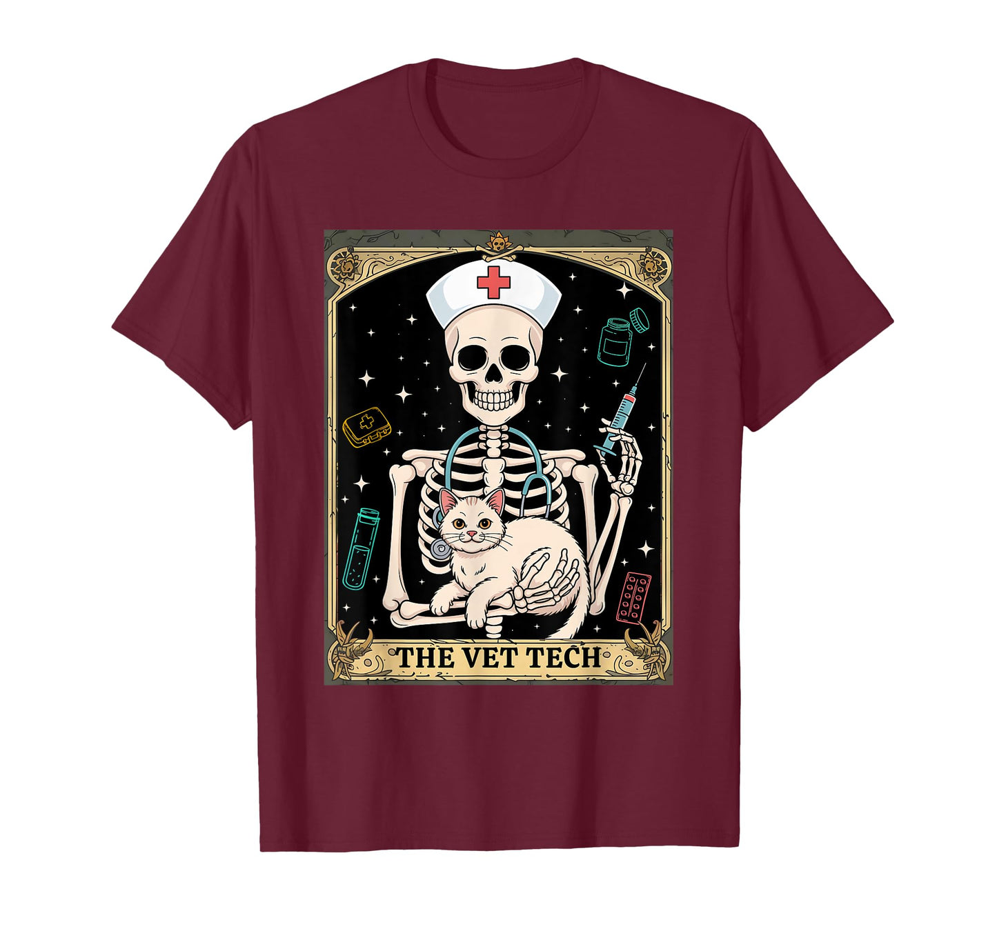 Skeleton Veterinary Technician with Cat and Tools T-Shirt