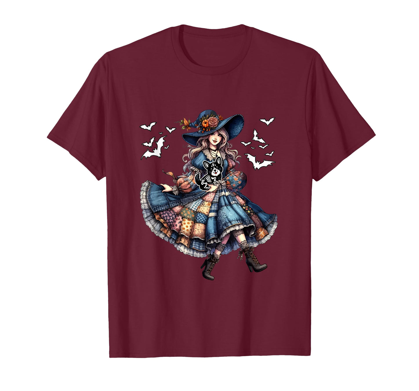 Floral Witch Hugging Corgi Cosplay Skeleton Halloween T-Shirt