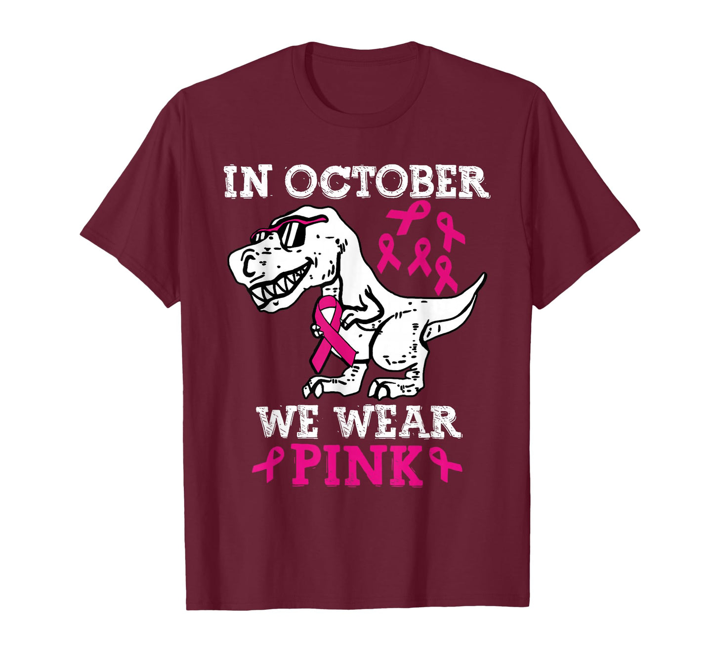 in October We Wear Pink Breast Cancer Awareness Dinosaur T-Shirt