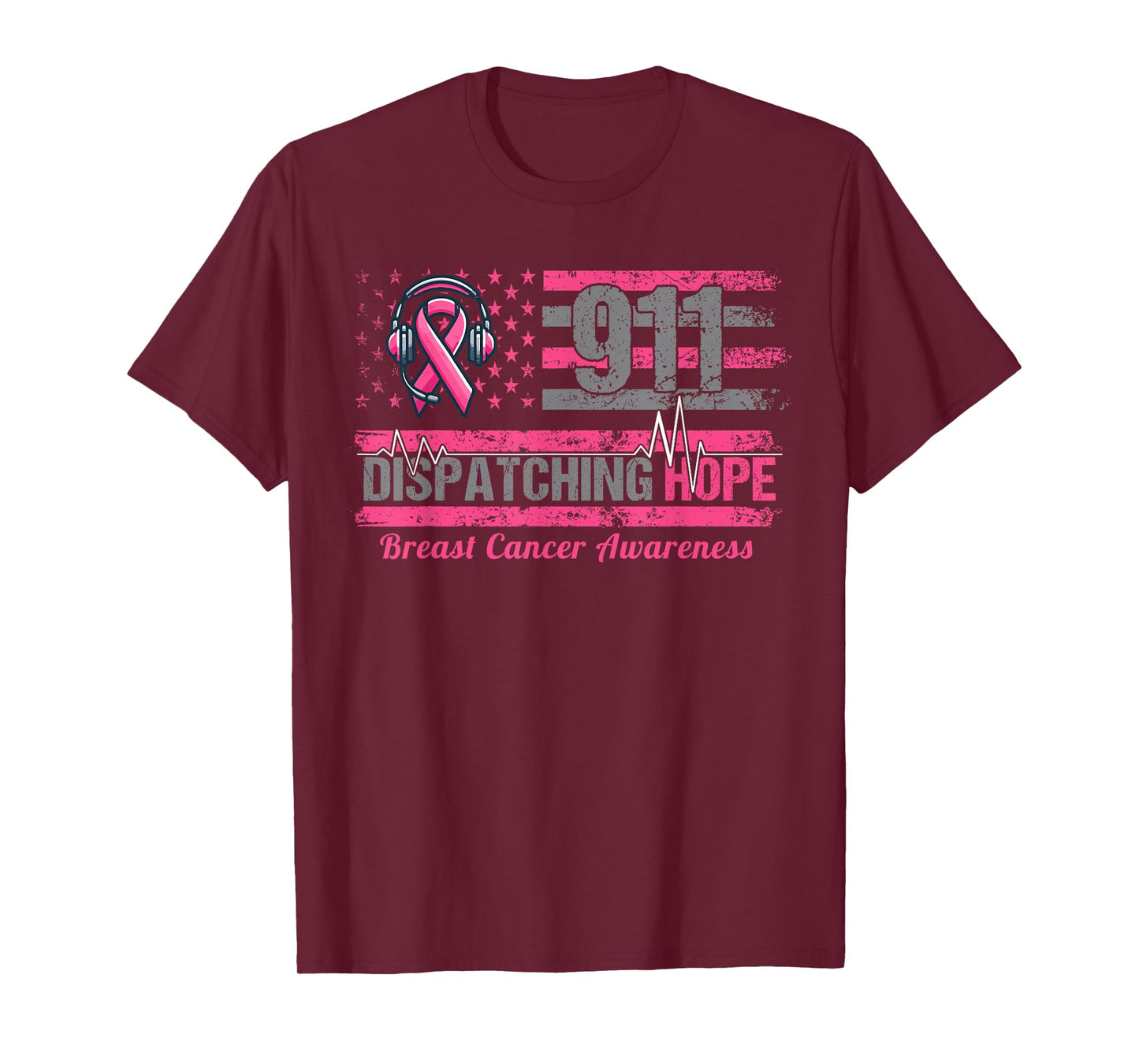 911 Dispatcher Breast Cancer Awareness American Flag T-Shirt