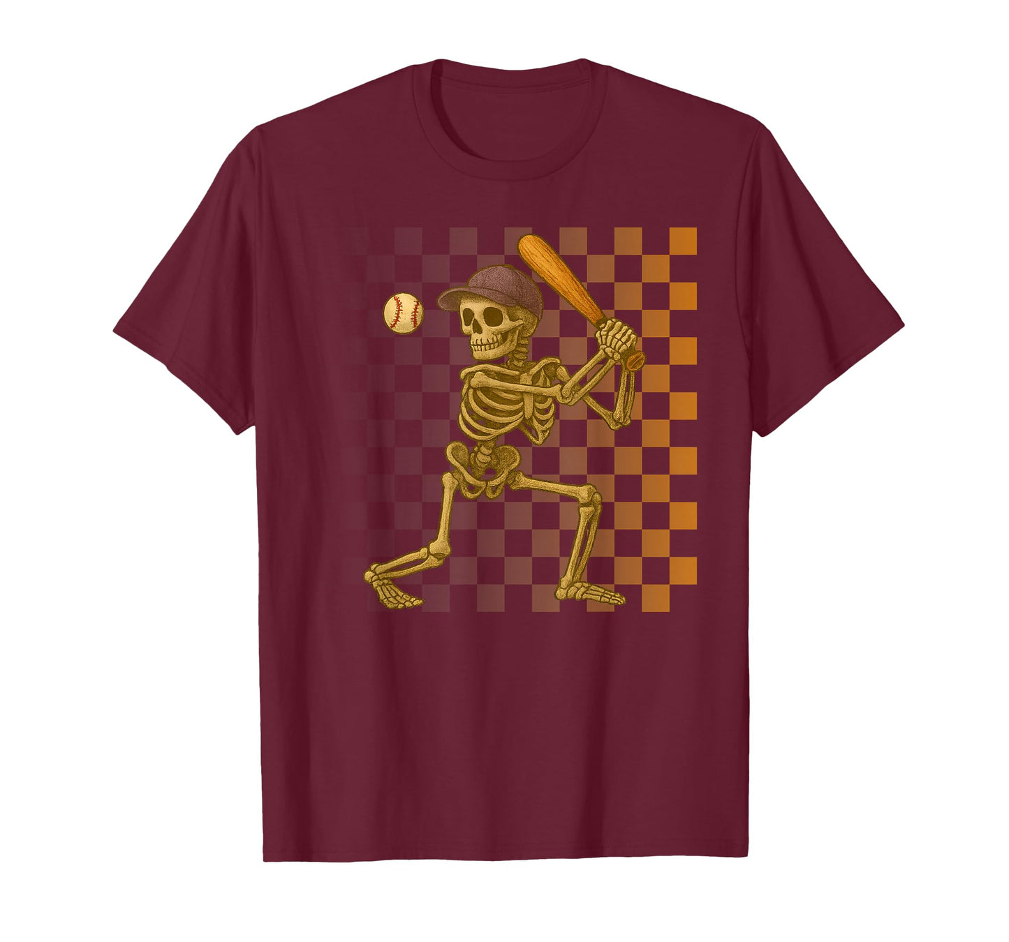 Skeleton Baseball Halloween Costume Retro Vintage Checkered T-Shirt