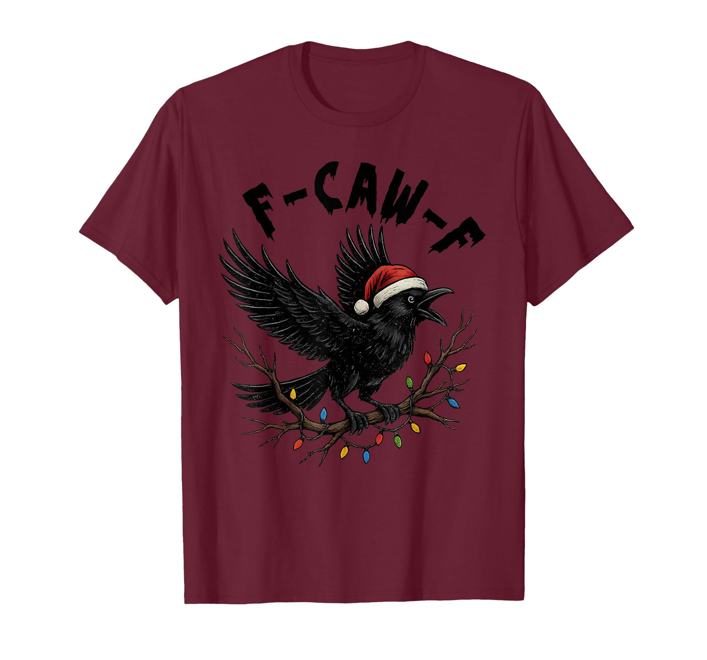 Black Crow F-Caw-F Funny Retro Christmas Lights Santa Hat T-Shirt