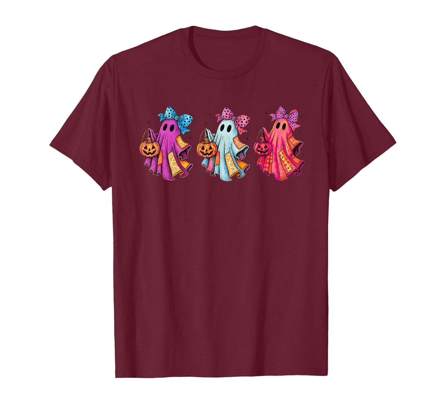 Preppy Girly Coquette Bow Patchwork Ghost Fall Halloween T-Shirt