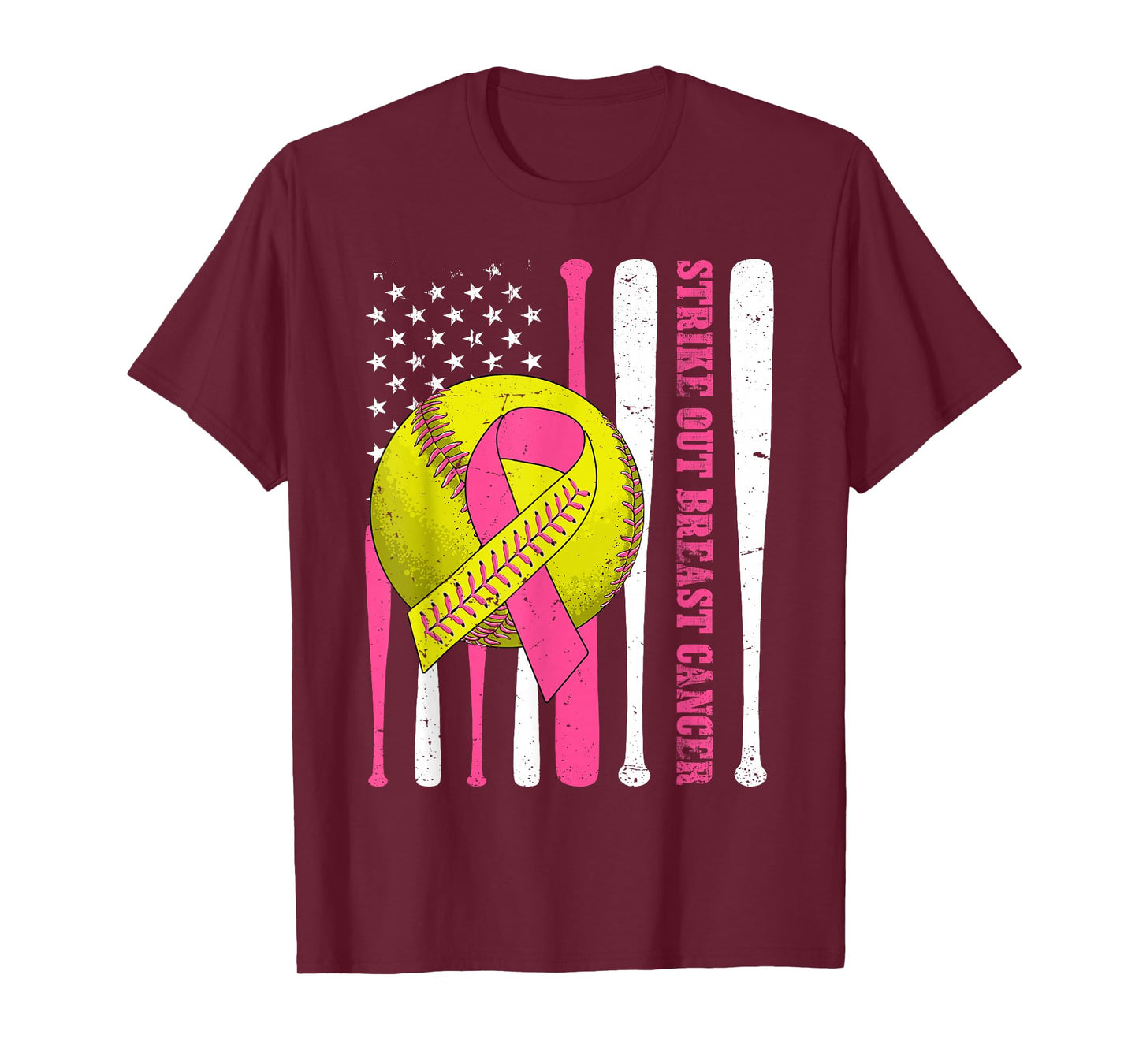 Strike Out Breast Cancer Softball American Flag Women Girls T-Shirt