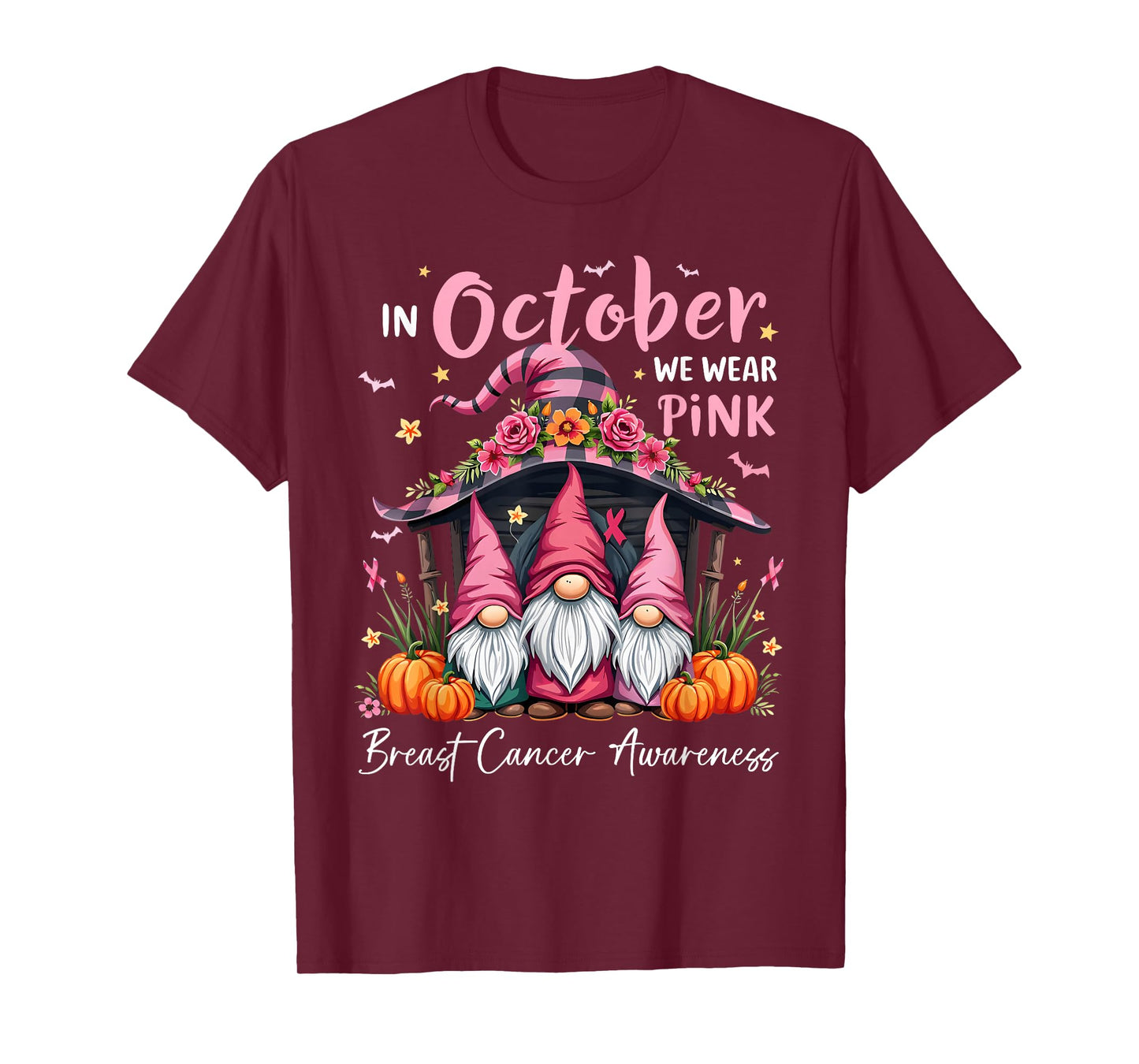 in October We Wear Pink Gnome Breast Cancer Awareness Womens T-Shirt