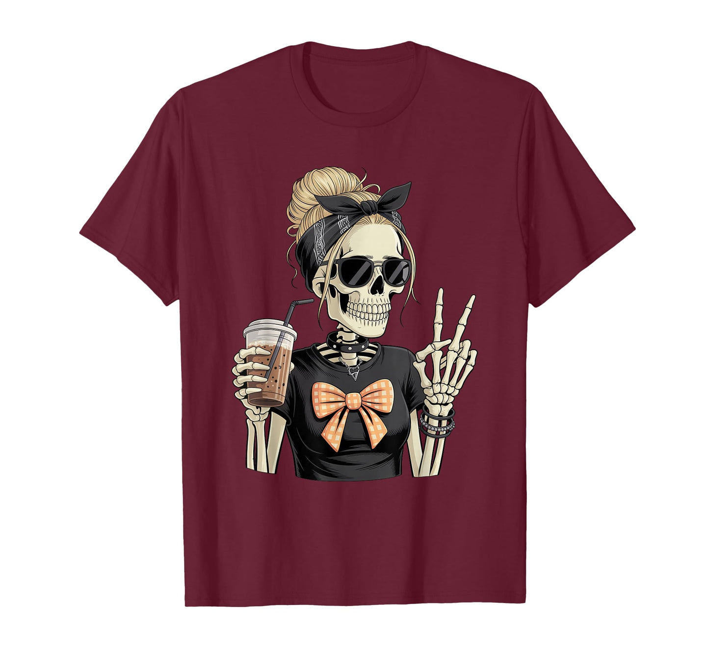 Skeleton Girl Drinking Coffee Peace Sign Graphic for Women T-Shirt