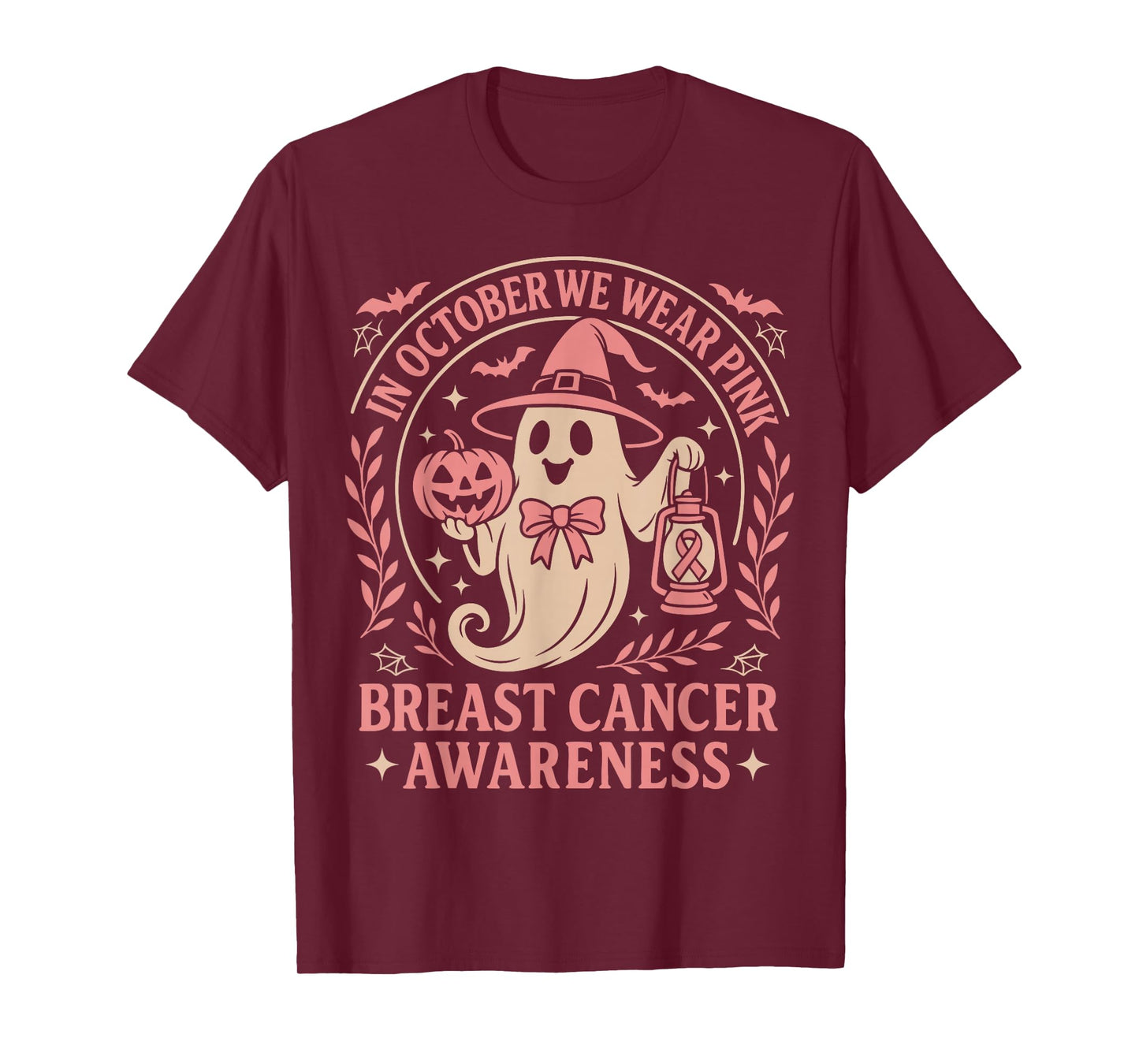 in October We Wear Pink Halloween Witch Pumpkin Ribbon T-Shirt