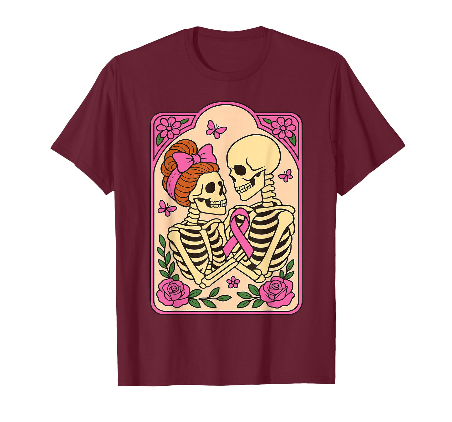 Skeleton Hugging Skeleton Halloween Breast Cancer Awareness T-Shirt