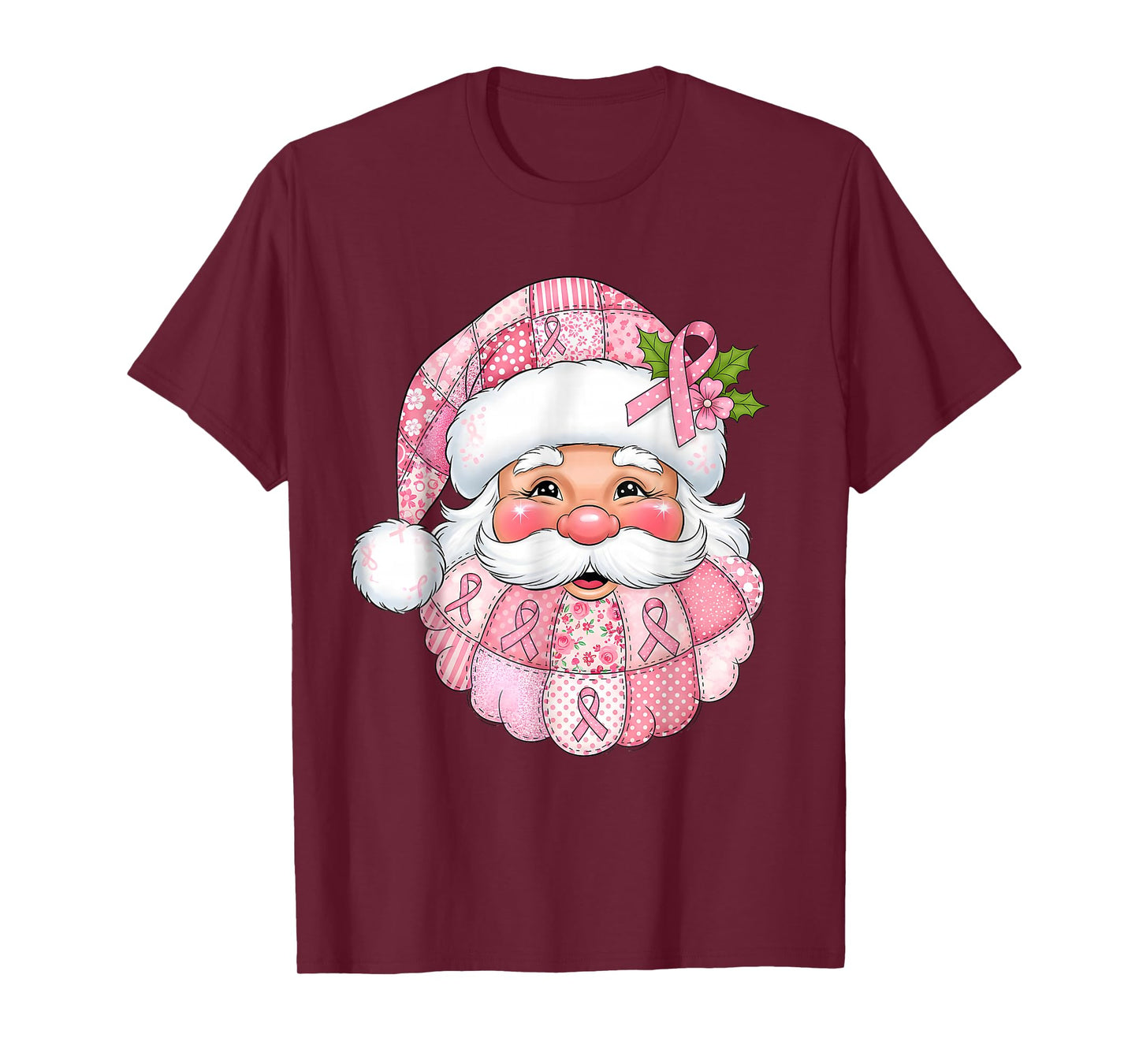 Pink Patchwork Santa Breast Cancer Awareness Christmas T-Shirt