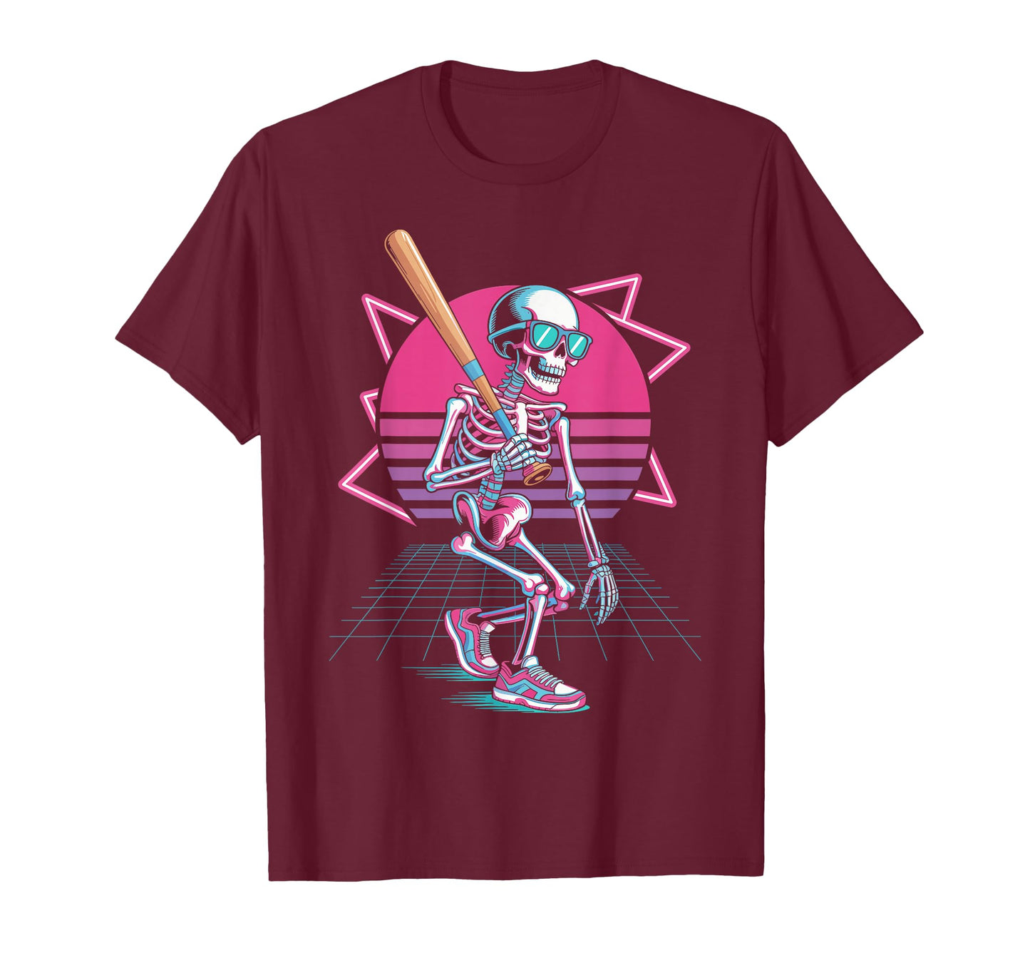 Retro 80s Skeleton Baseball Graphic Halloween T-Shirt