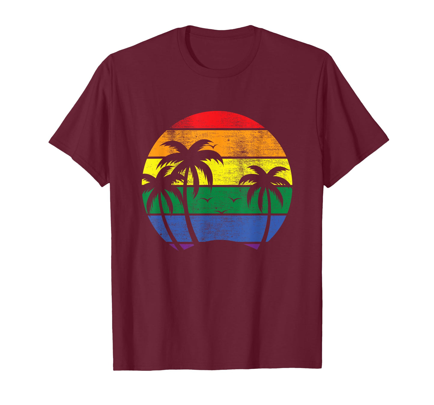 Pacific Ocean Palm Trees With Vintage LGBT Rainbow Sunset T-Shirt