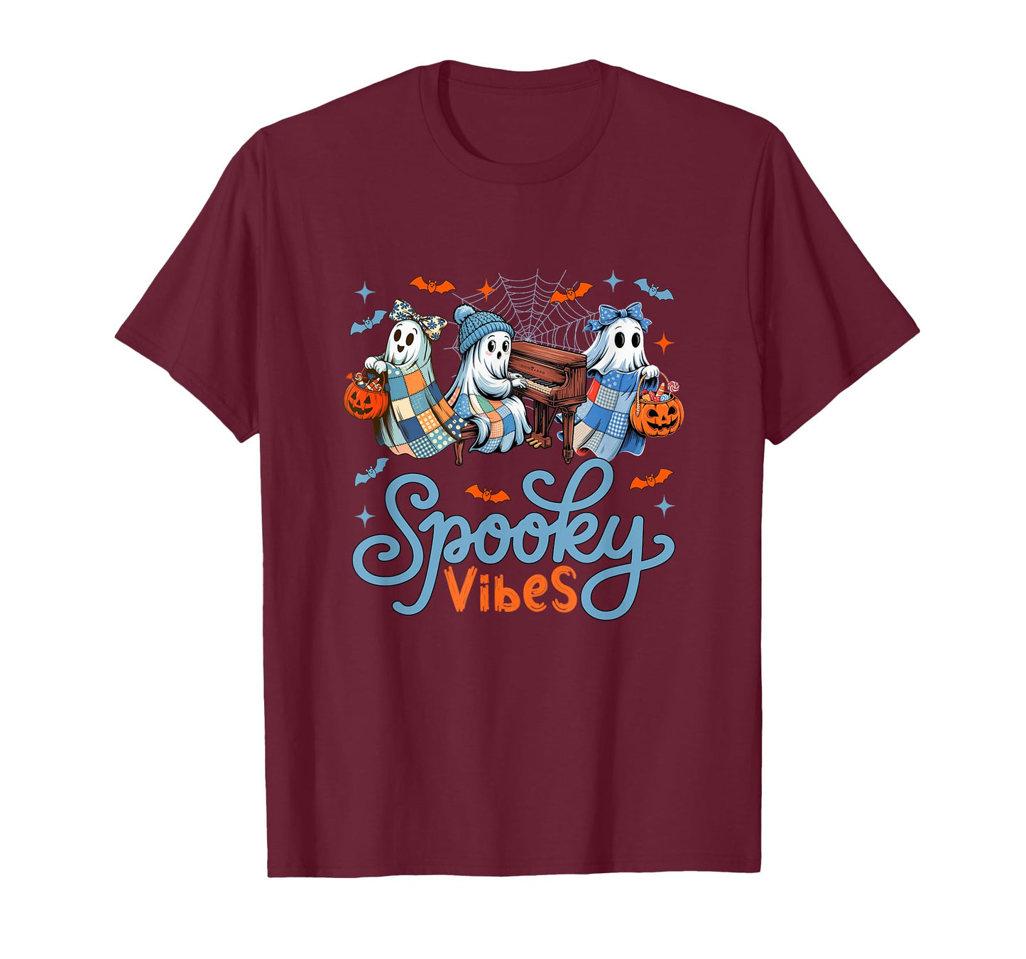 Spooky Funny Vibes Halloween Three Cute Boos Playing Piano T-Shirt
