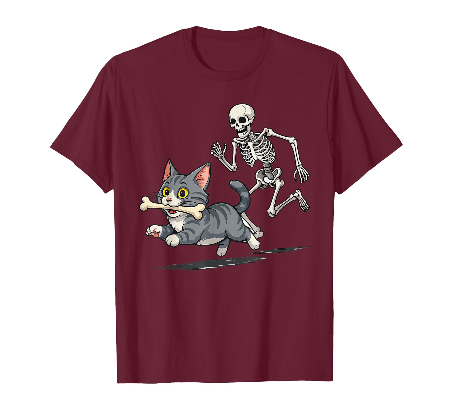 Funny Skeleton Chasing Cat Halloween Pet Lover T-Shirt