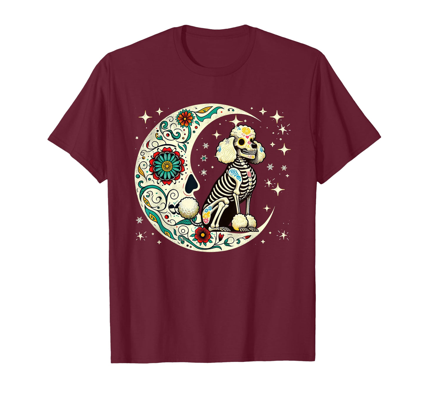 Dia De Los Muertos Halloween Moon Floral Skeleton Poodle T-Shirt