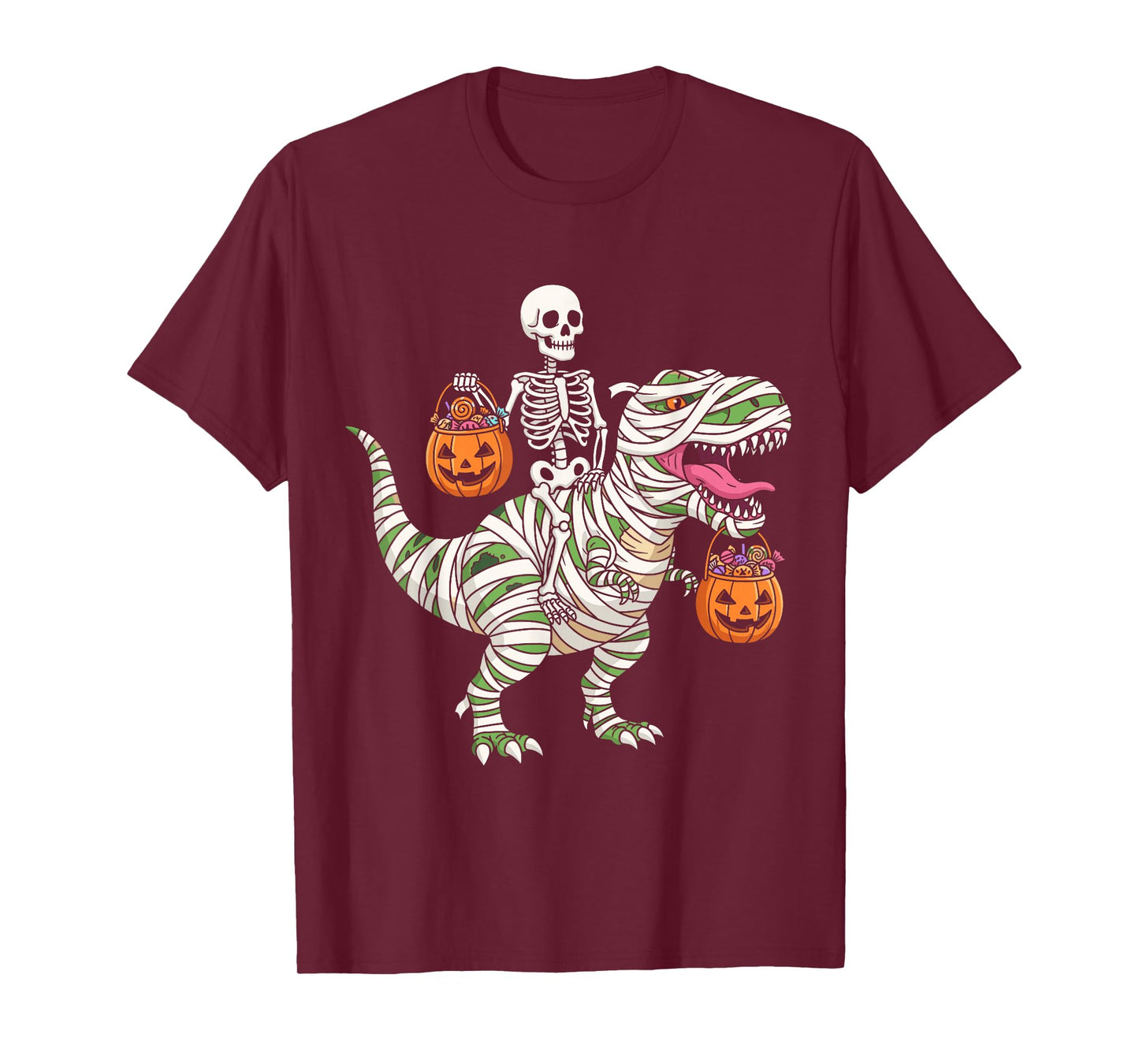 Skeleton Riding Mummy Dinosaur T-Rex Funny Halloween Pumpkin T-Shirt