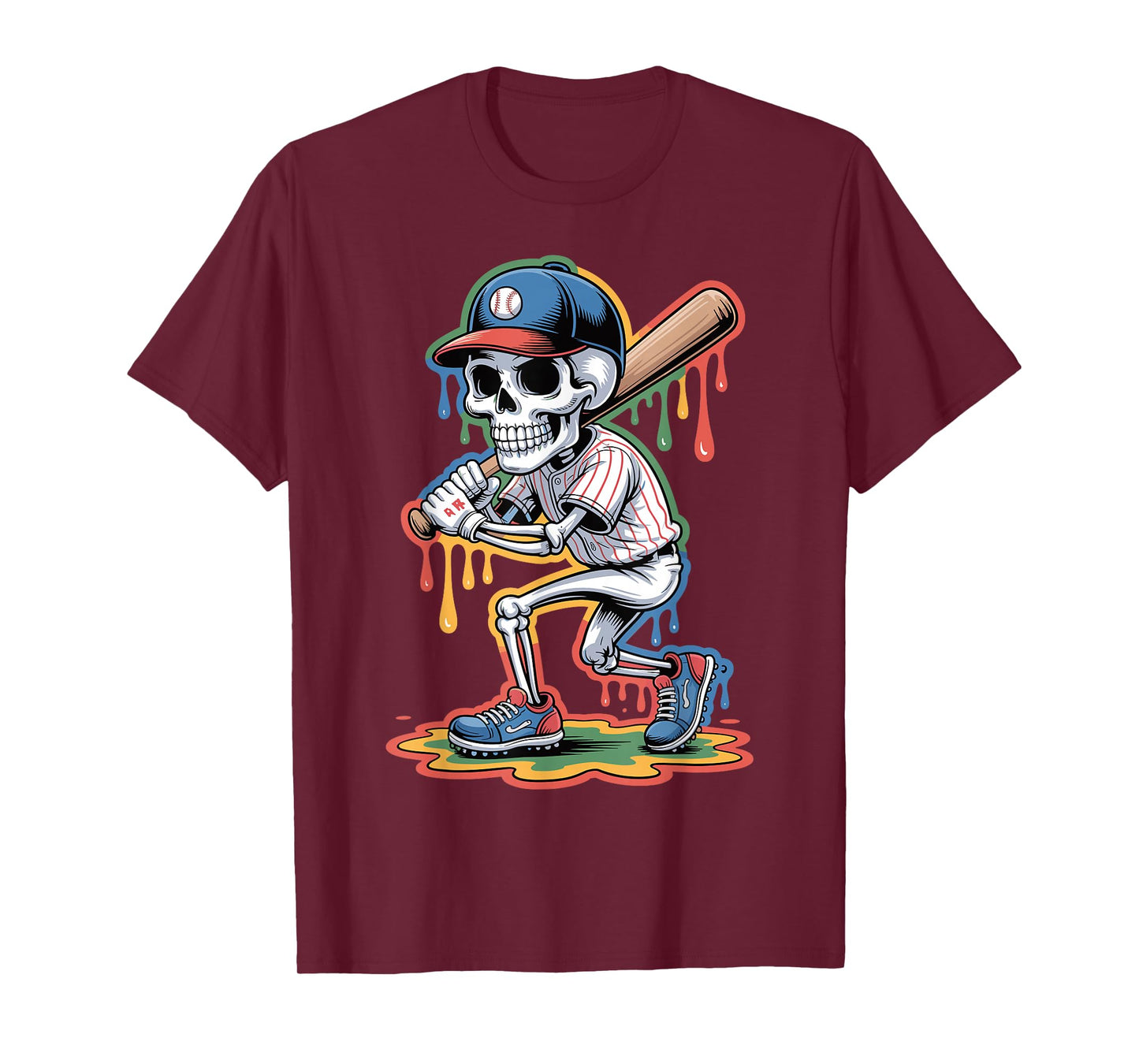 Retro Skeleton Baseball Drip Graphic Melting Colors Hallowee T-Shirt