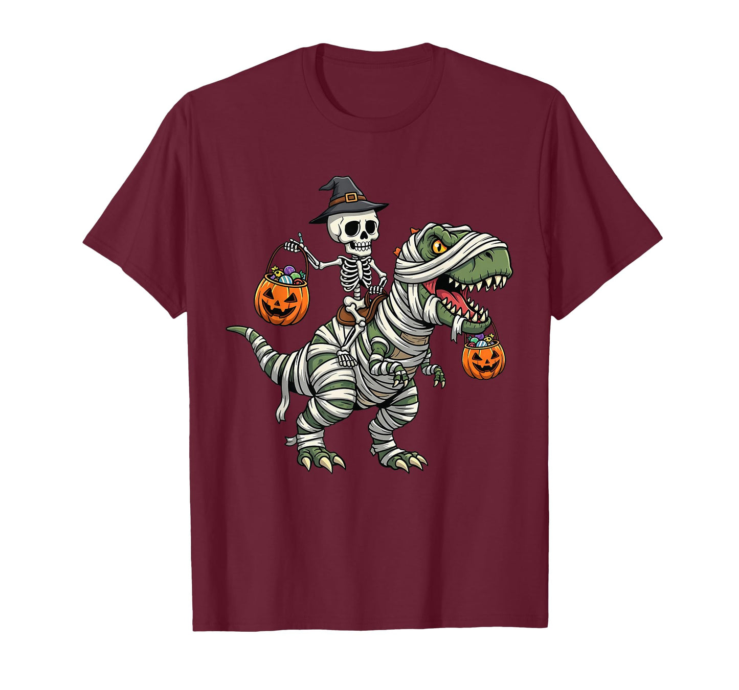Mummy Skeleton Riding Dinosaur T Rex Kids Boys Men Halloween T-Shirt