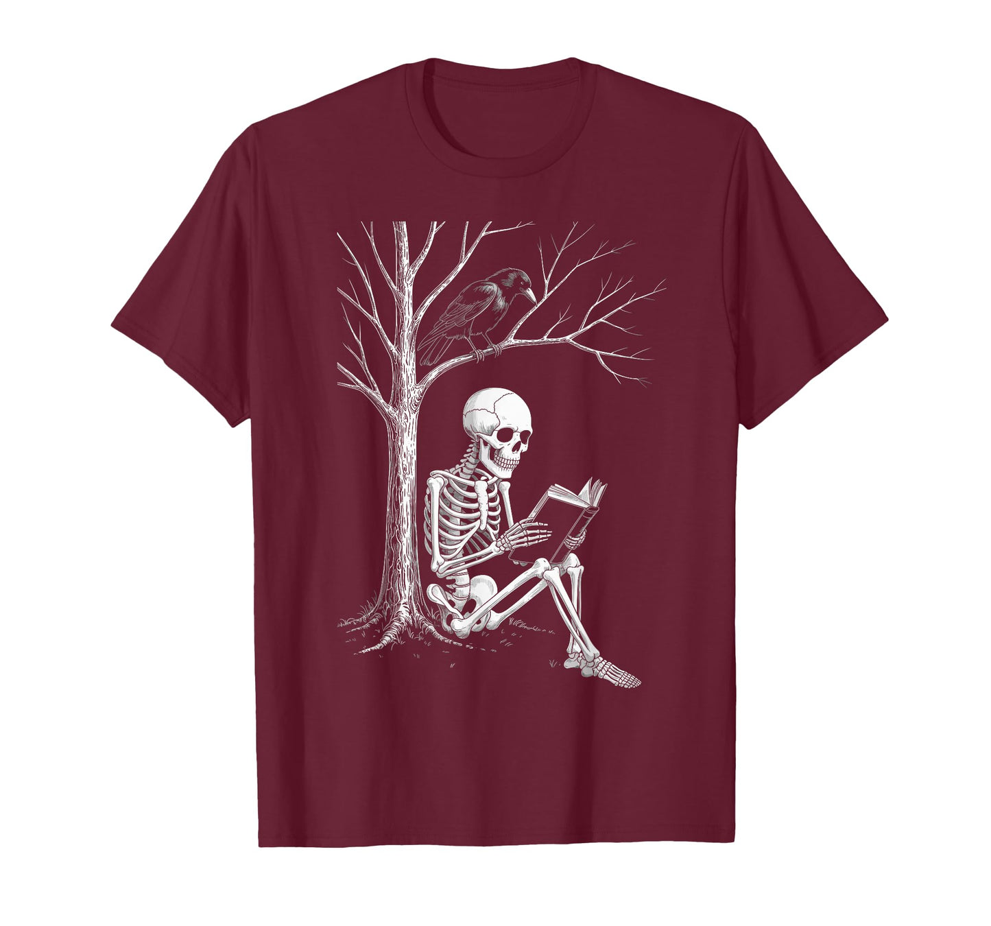 Spooky Skeleton Reading Book Halloween Tree Crow T-Shirt