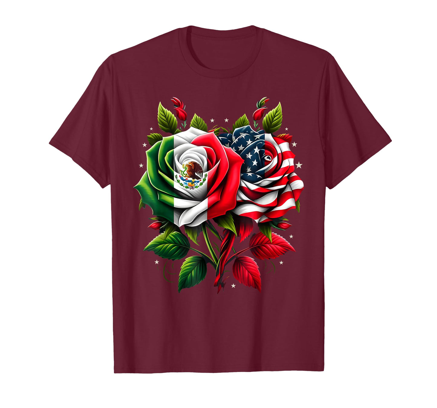 Mexico USA Flag Mexican Flag American Flag Rose Flower T-Shirt