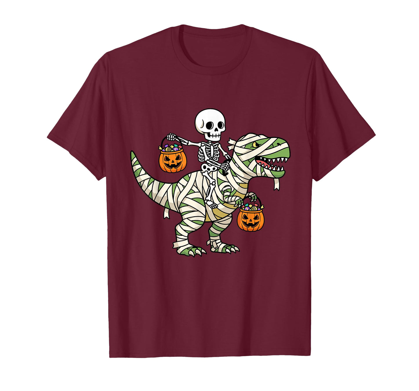 Skeleton Riding Mummy Dinosaur T-Rex Funny Halloween Pumpkin T-Shirt