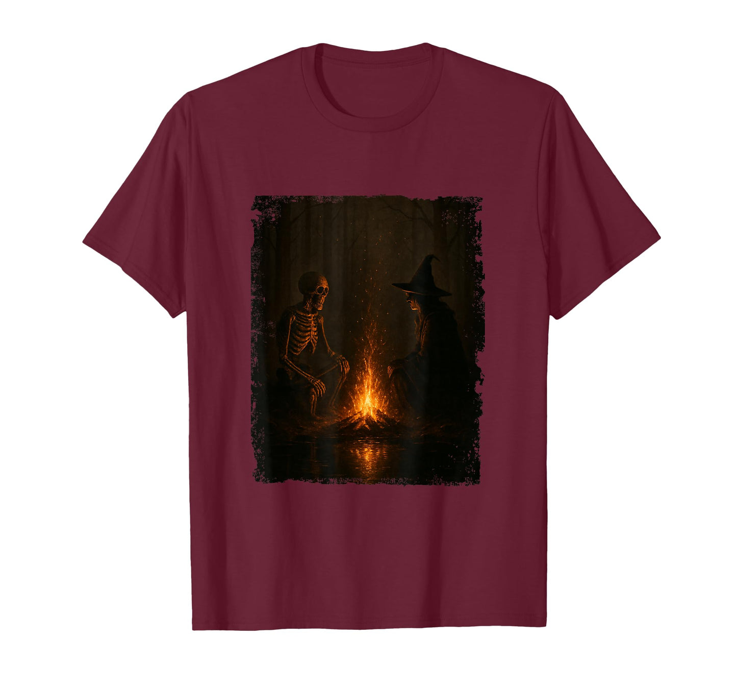 Witch and Skeleton by Fire Camping Gothic Halloween Night T-Shirt