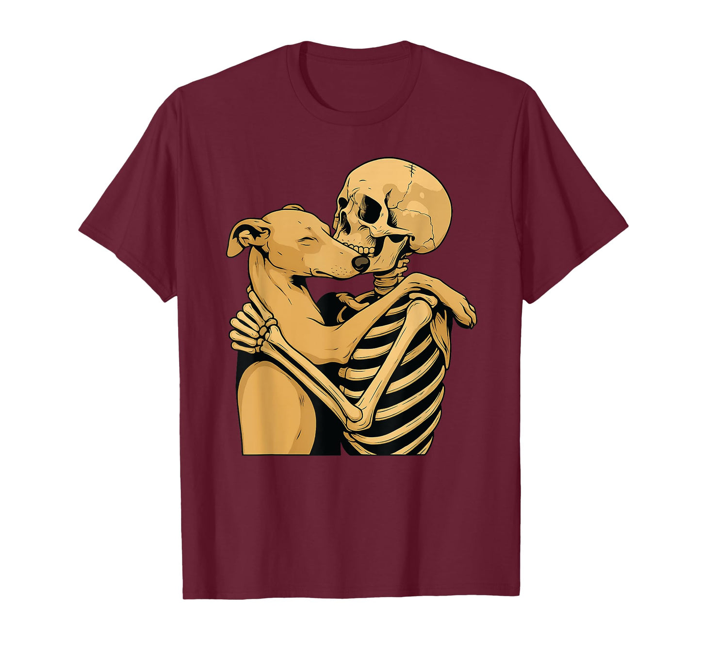 Skeleton Hugging Whippet Dog Halloween T-Shirt