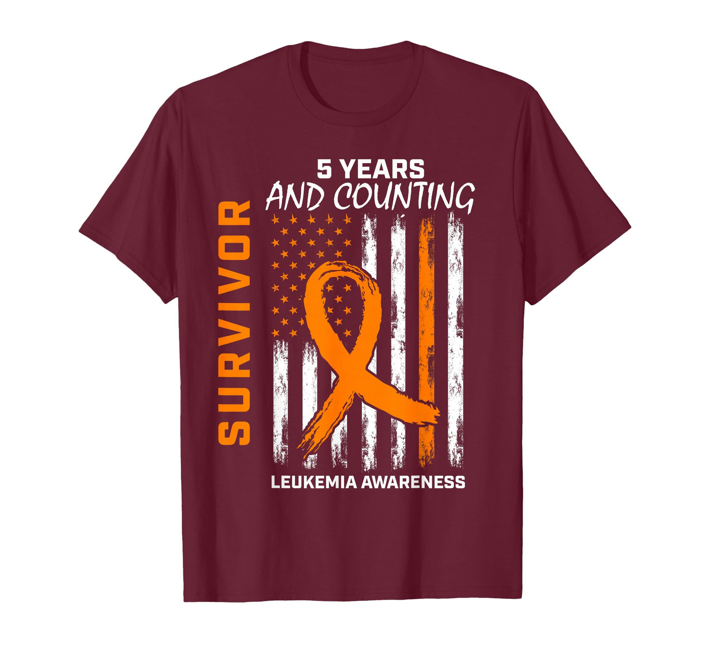 5 Years Cancer Free Orange Leukemia Survivor American Flag Women Kids Men T-Shirt