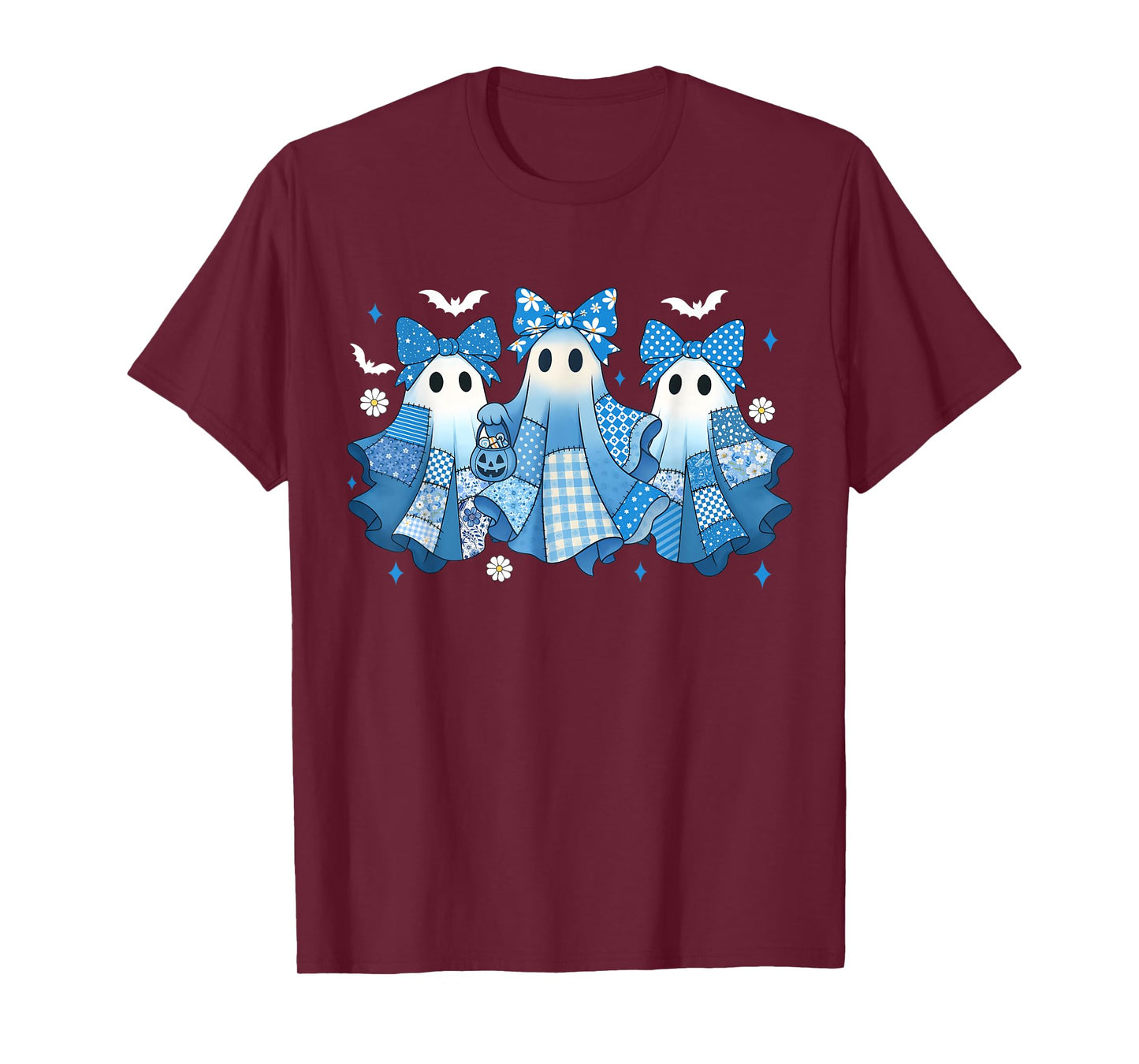 Demin Patchwork Cute Ghost Spooky Season Happy Halloween T-Shirt