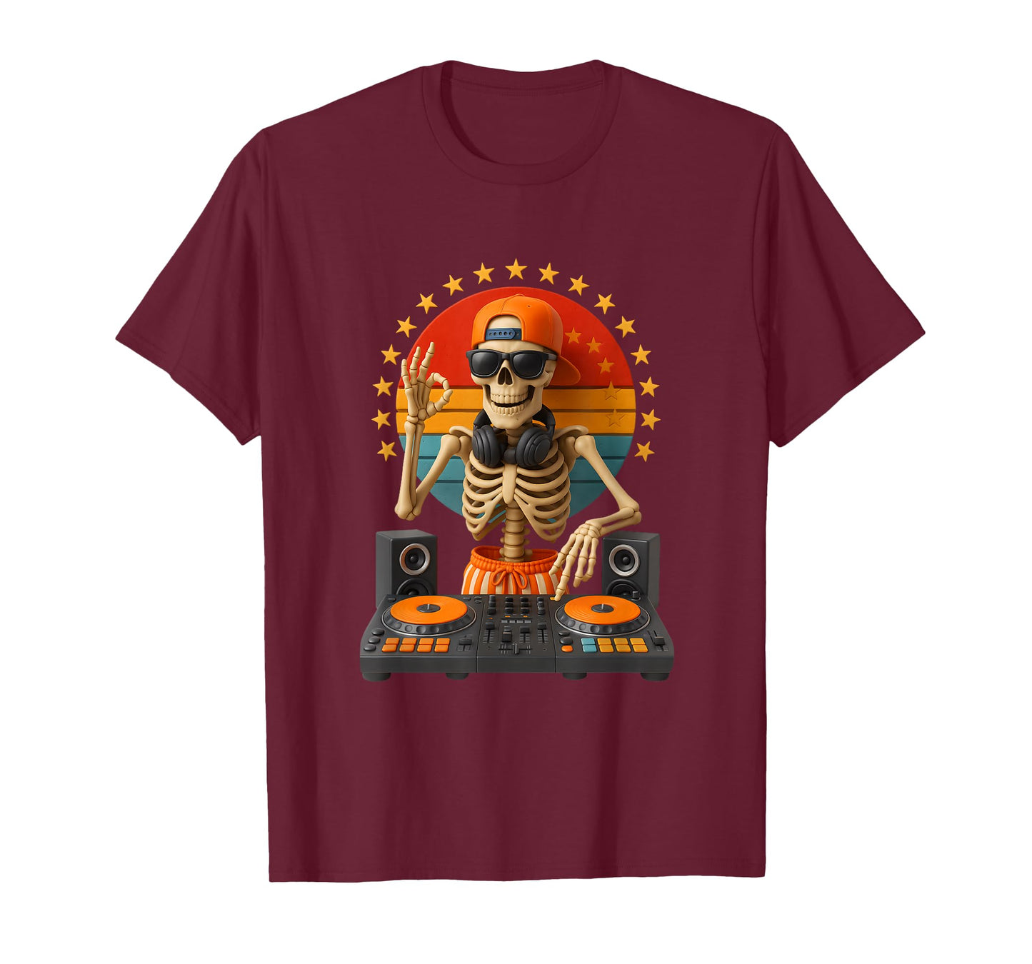 Skeleton Dj Mixing Turntable Music Sunset Halloween Party T-Shirt