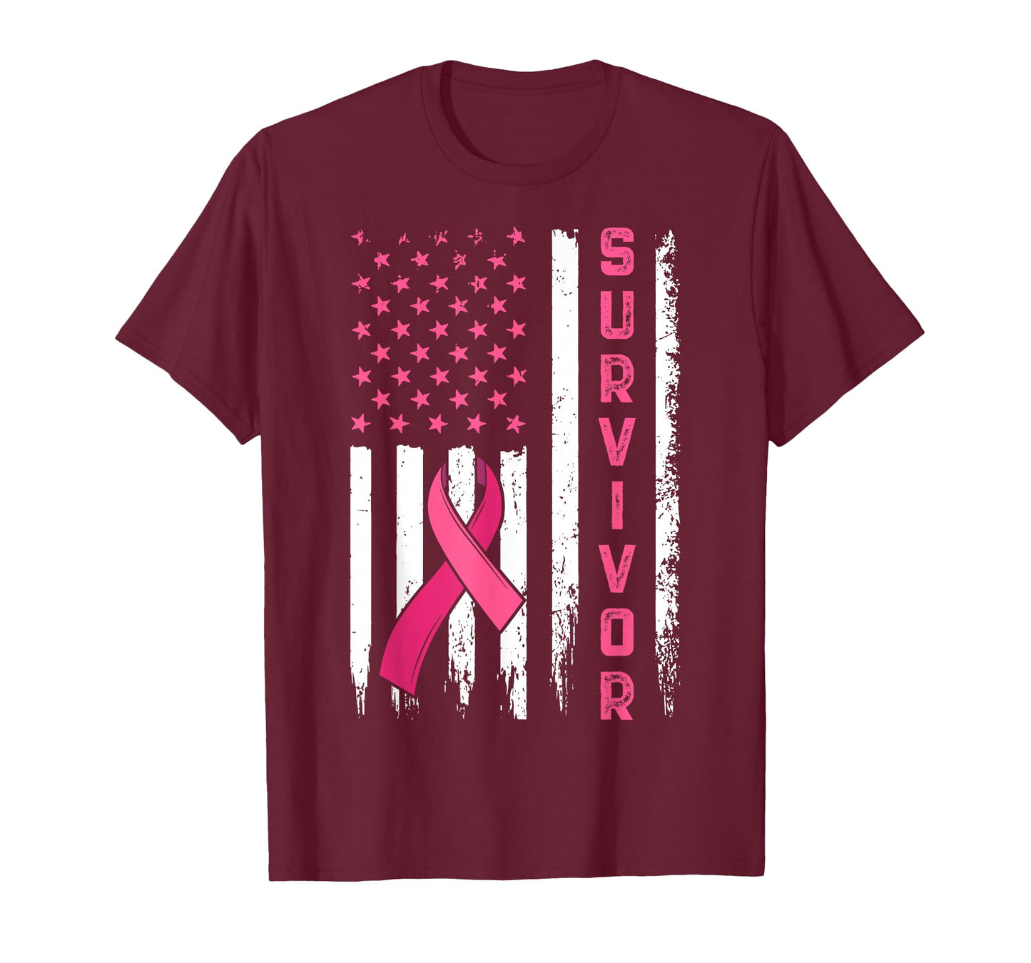 Survivor Breast Cancer Awareness Pink Ribbon US Flag T-Shirt