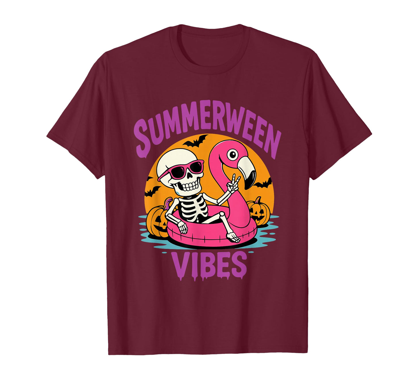 Summerween Skeleton Flamingo Spooky Funny Summer Halloween T-Shirt