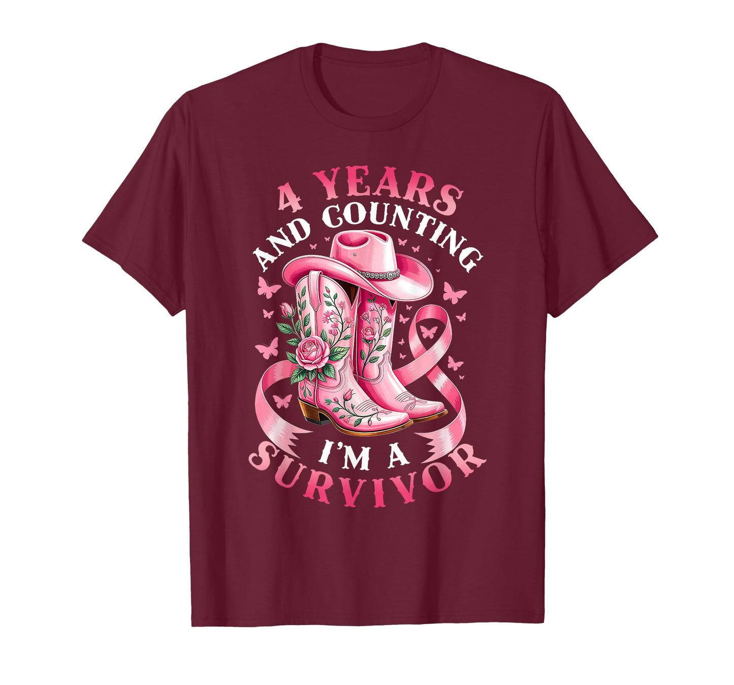 Breast Cancer 4 Years Survivor Pink Ribbon Cowgirl Gift T-Shirt